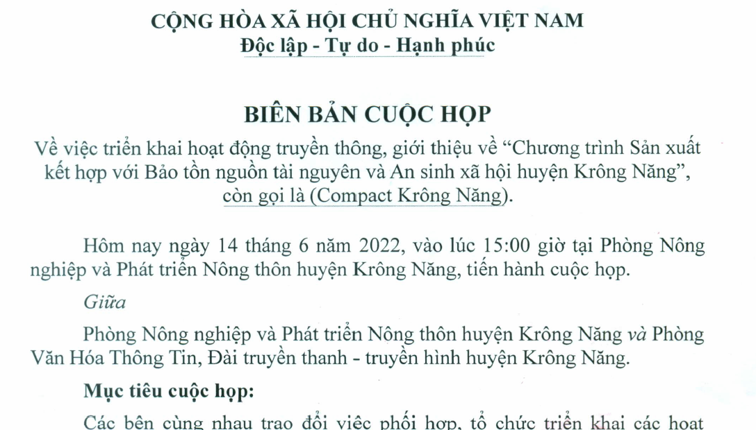 Biên bản cuộc họp về việc triển khai hoạt động truyền thông, giới thiệu về"Chương trình sản xuất kết hợp với bảo tồn nguồn tài nguyên và an sinh xã hội huyện Krông Năng"